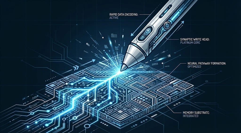 Synaptic read-write head forging a new pathway, visualizing how the brain learns.