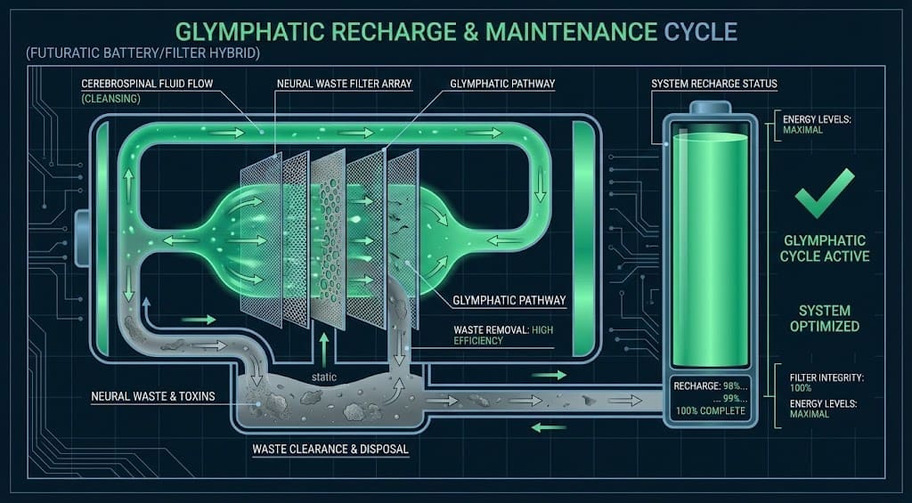 Technical diagram of a filtration and recharge system representing the neuroscience of sleep.
