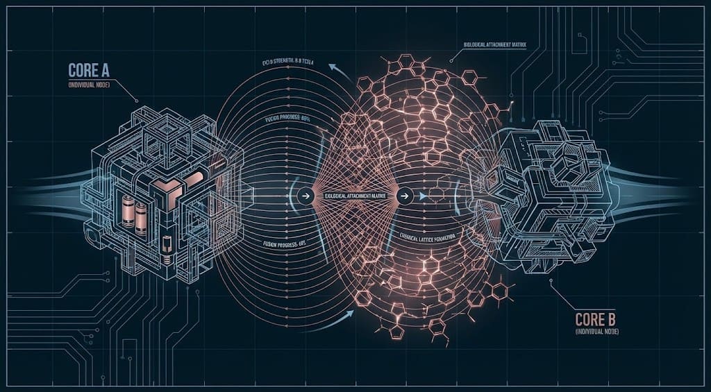 Technical visualization of two nodes fusing via magnetic fields, representing oxytocin, intimacy, and bonding.