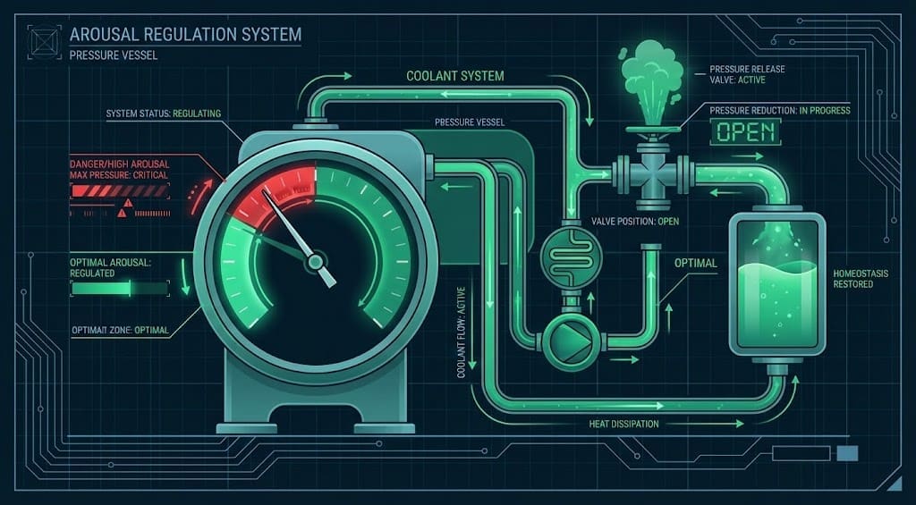 Technical schematic of a pressure regulation valve lowering internal stress, representing performance anxiety.