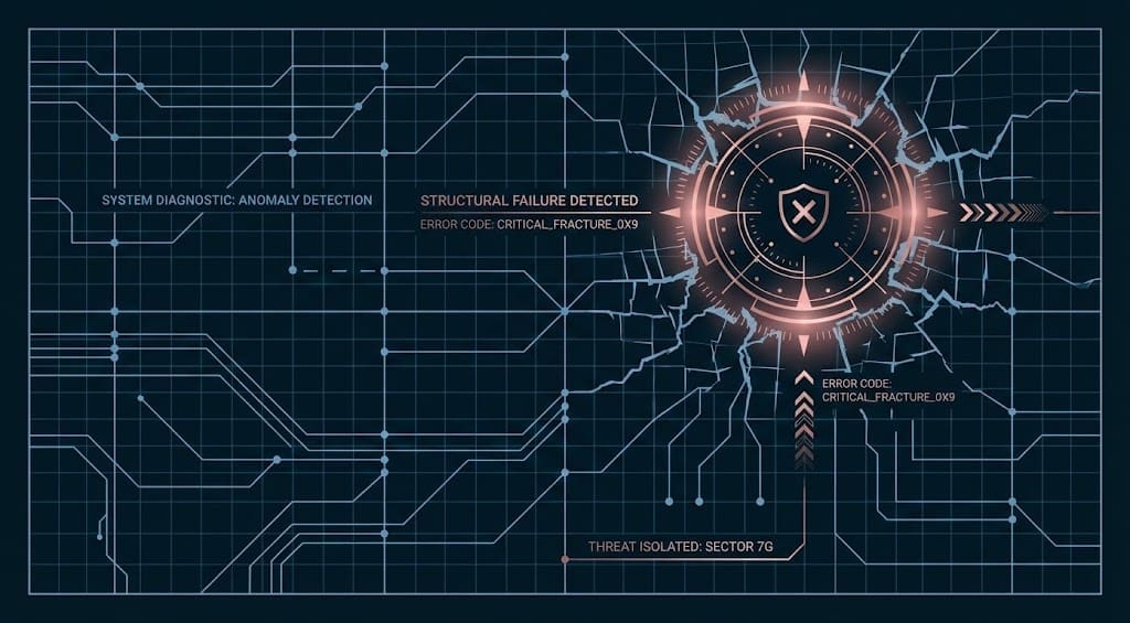 System diagnostic graphic highlighting a structural fracture, representing red flags in a relationship.