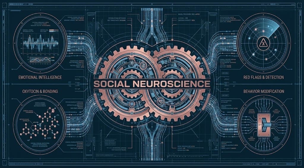Technical blueprint schematic of the Relationships & Social Neuroscience core with Rose Gold interlocking nodes.