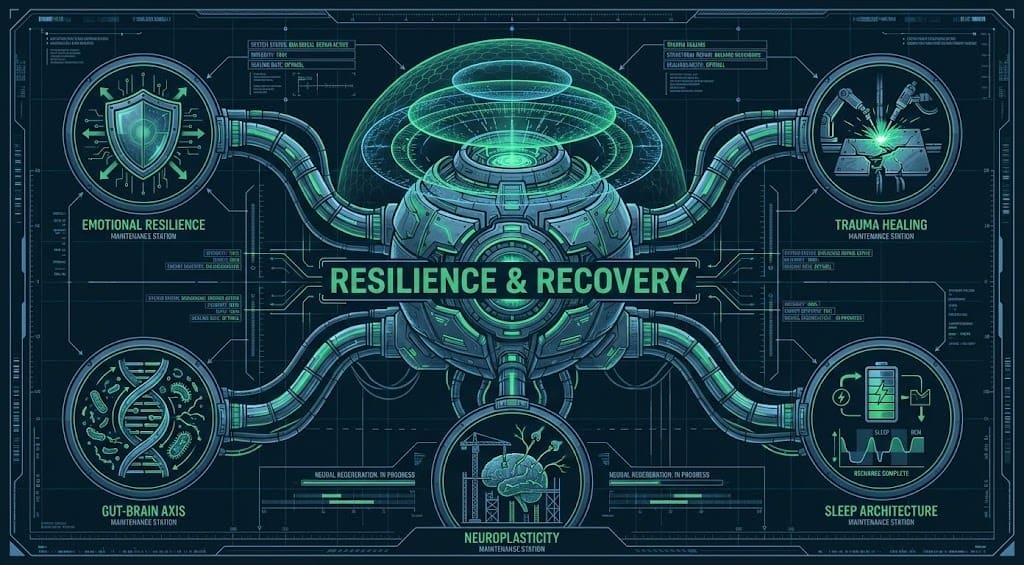 Technical blueprint schematic of the Resilience & Recovery core with Emerald Green protective nodes.