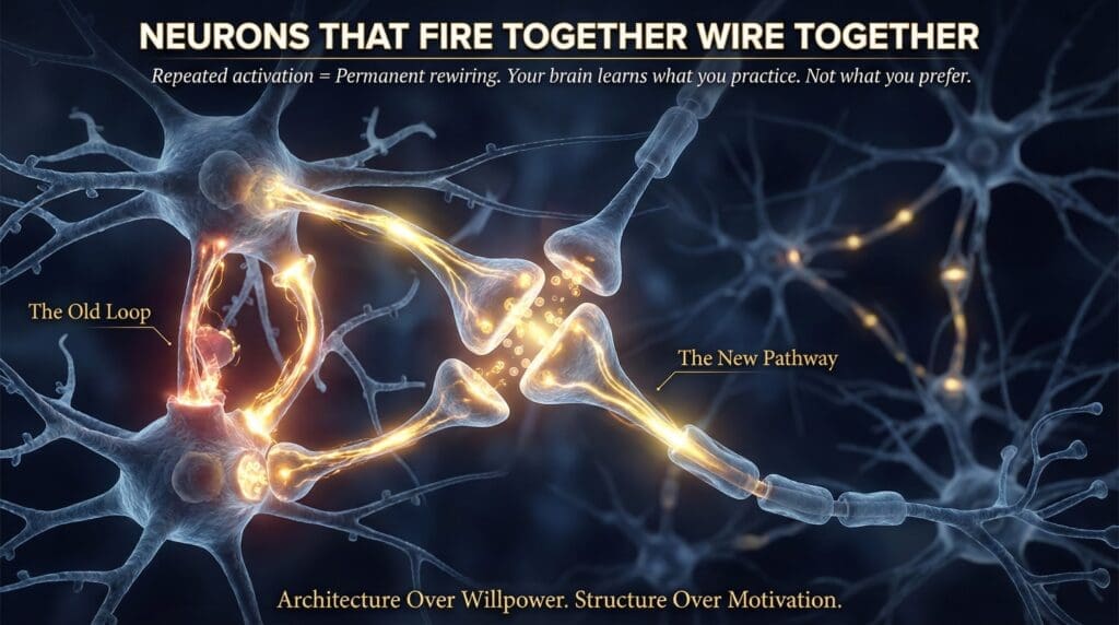 Close-up 3D visualization of neurons firing together with glowing golden synaptic connections, illustrating neuroplasticity principle underlying remote neuroscience coaching methodology.