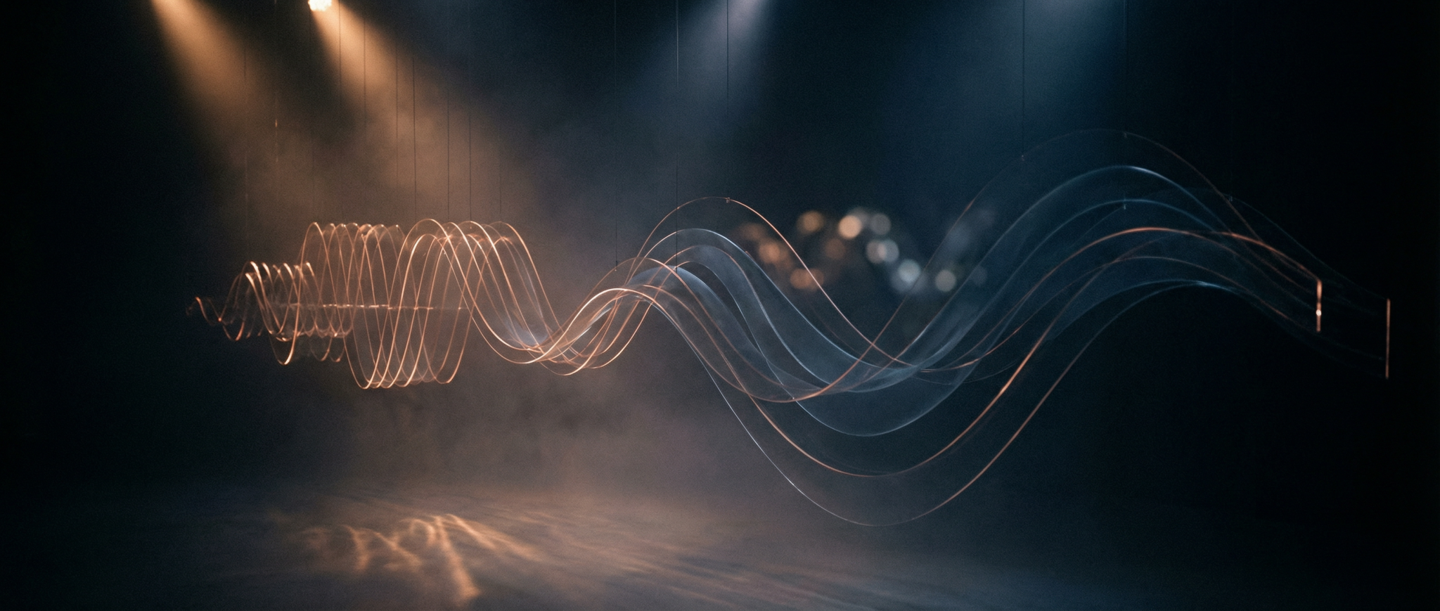 Translucent copper and blue wave forms visualizing sleep cycle phases against deep navy background