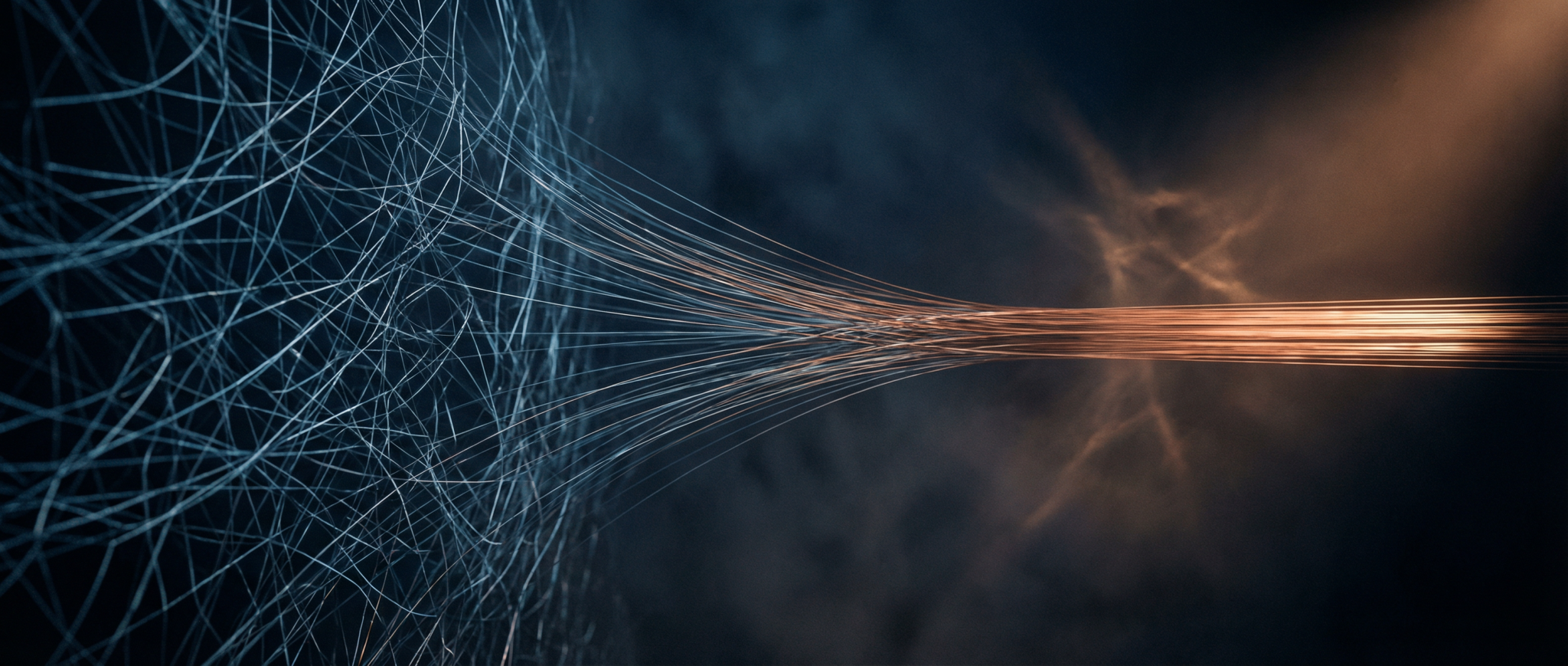 Dense luminous neural threads condensing into single focused copper beam of clarity in deep navy void