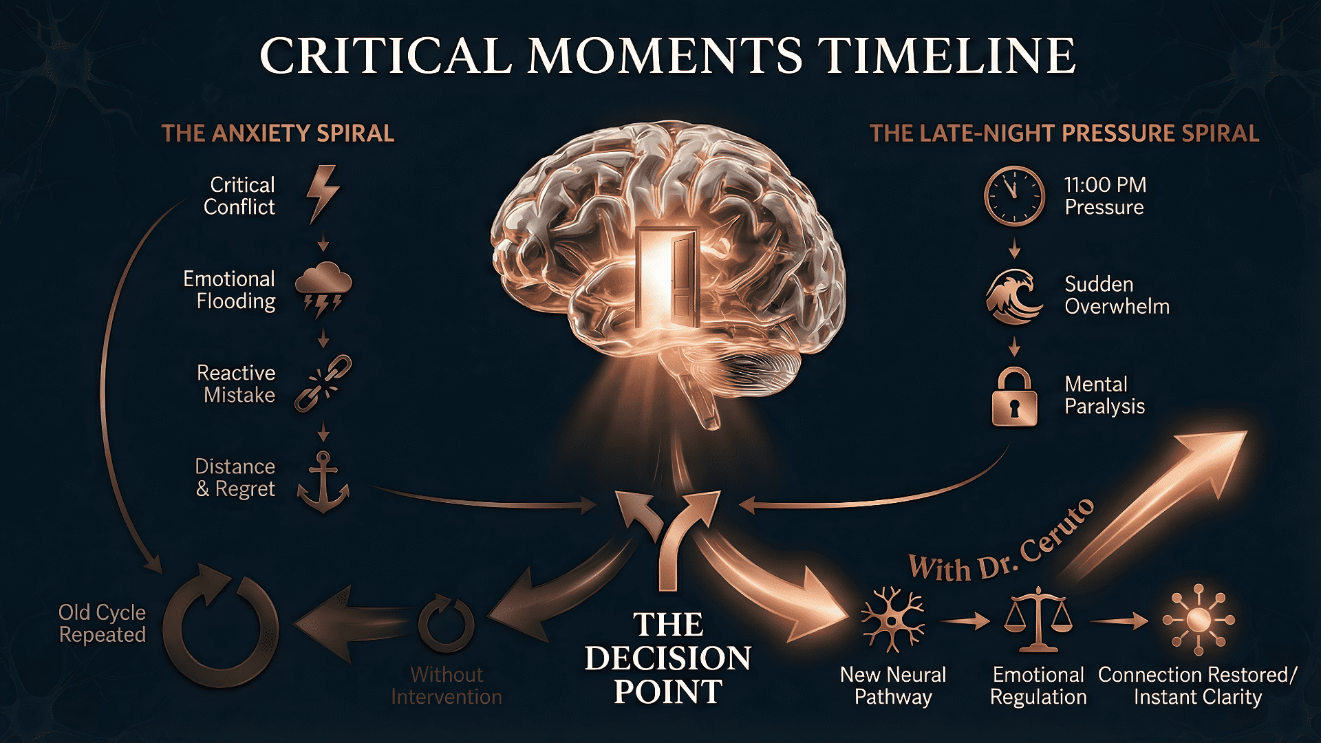 Critical Moments Timeline showing two pathways — the anxiety spiral and late-night pressure spiral — converging at the decision point, where Real-Time Neuroplasticity™ intervention by Dr. Ceruto creates new neural pathways