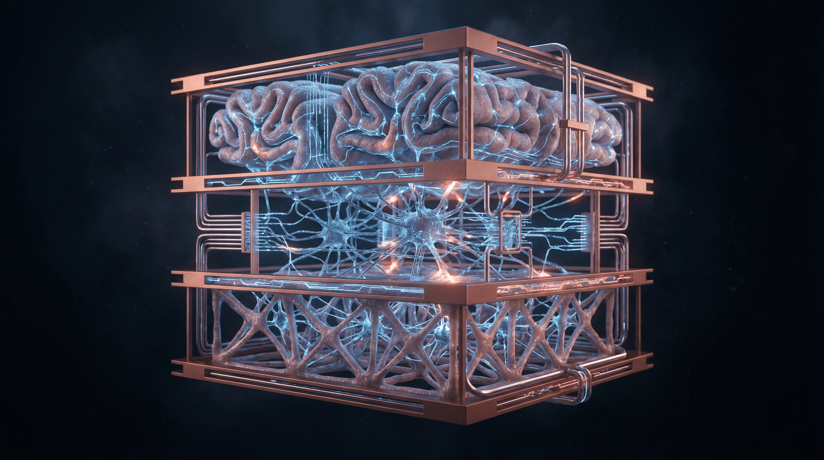 Strategy consulting and organizational development — layered copper neural blueprint connecting operational tiers