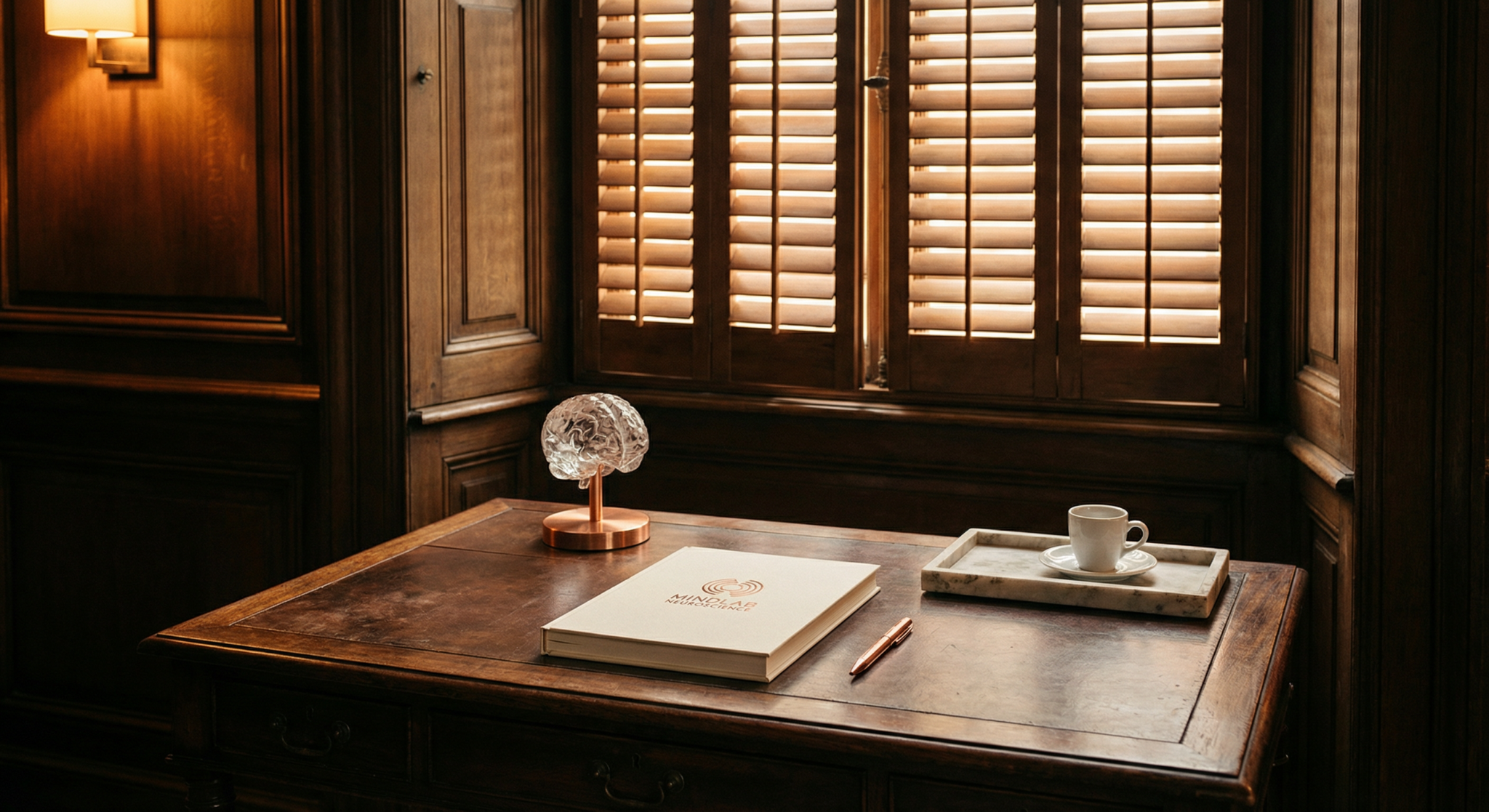 Antique rosewood desk with crystal brain sculpture and MindLAB journal in warm amber Lisbon afternoon light with historic European wood paneling
