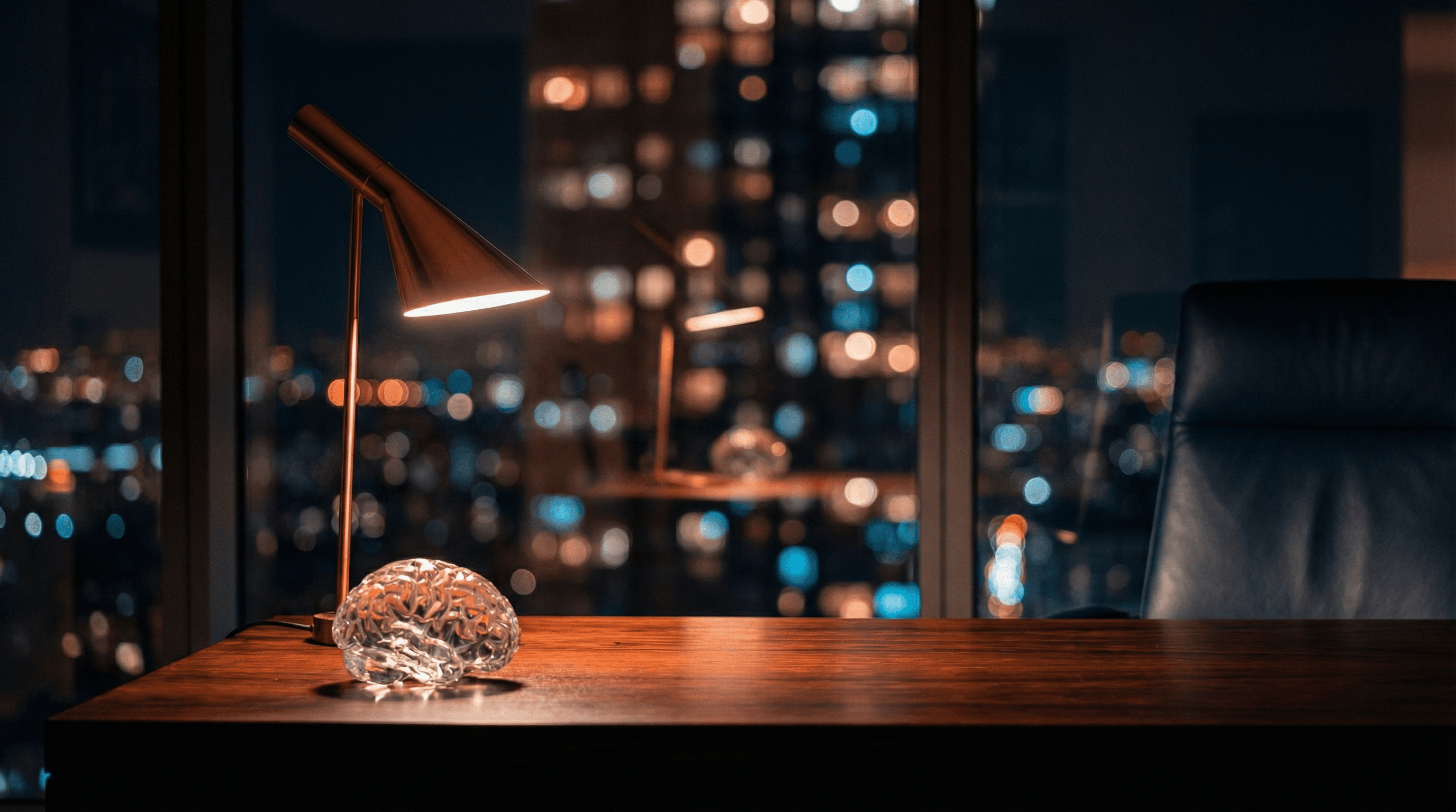 Executive neuroscience coaching — crystal brain sculpture on rosewood desk overlooking city lights through floor-to-ceiling window