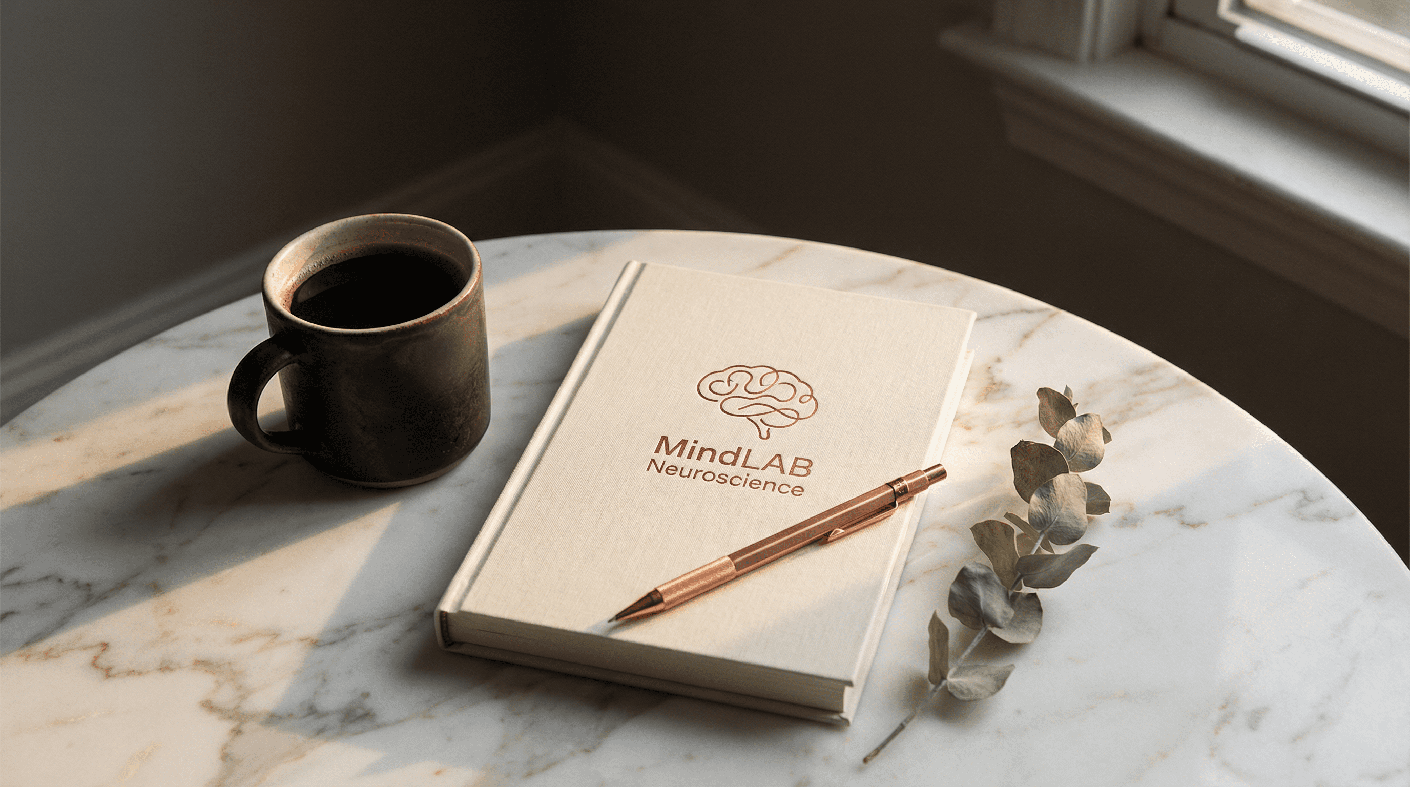 Cognitive performance optimization — morning ritual with MindLAB journal and copper pen on marble surface