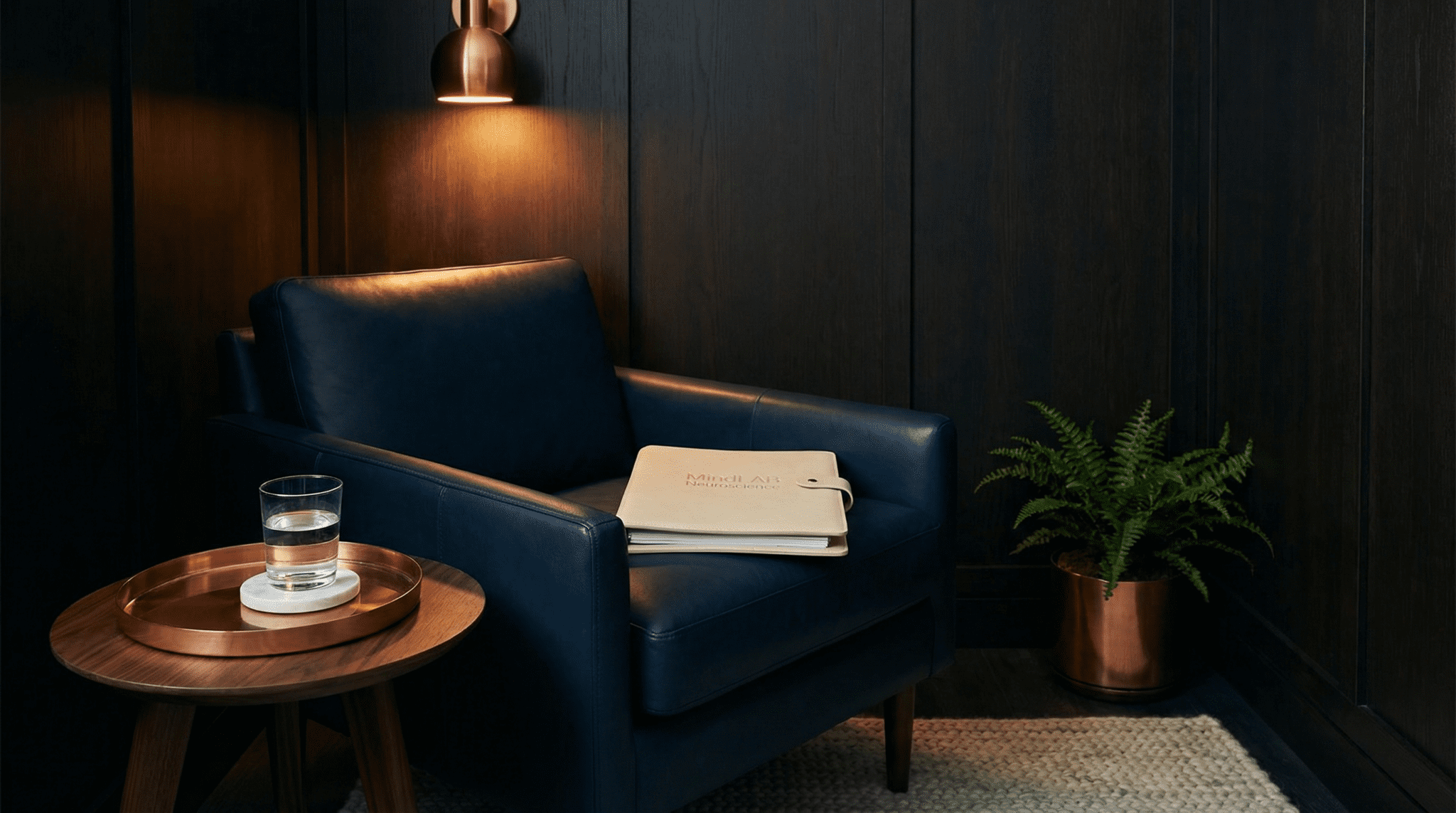Private neuroscience advisory — exclusive waiting area with navy leather chair and MindLAB consultation folio