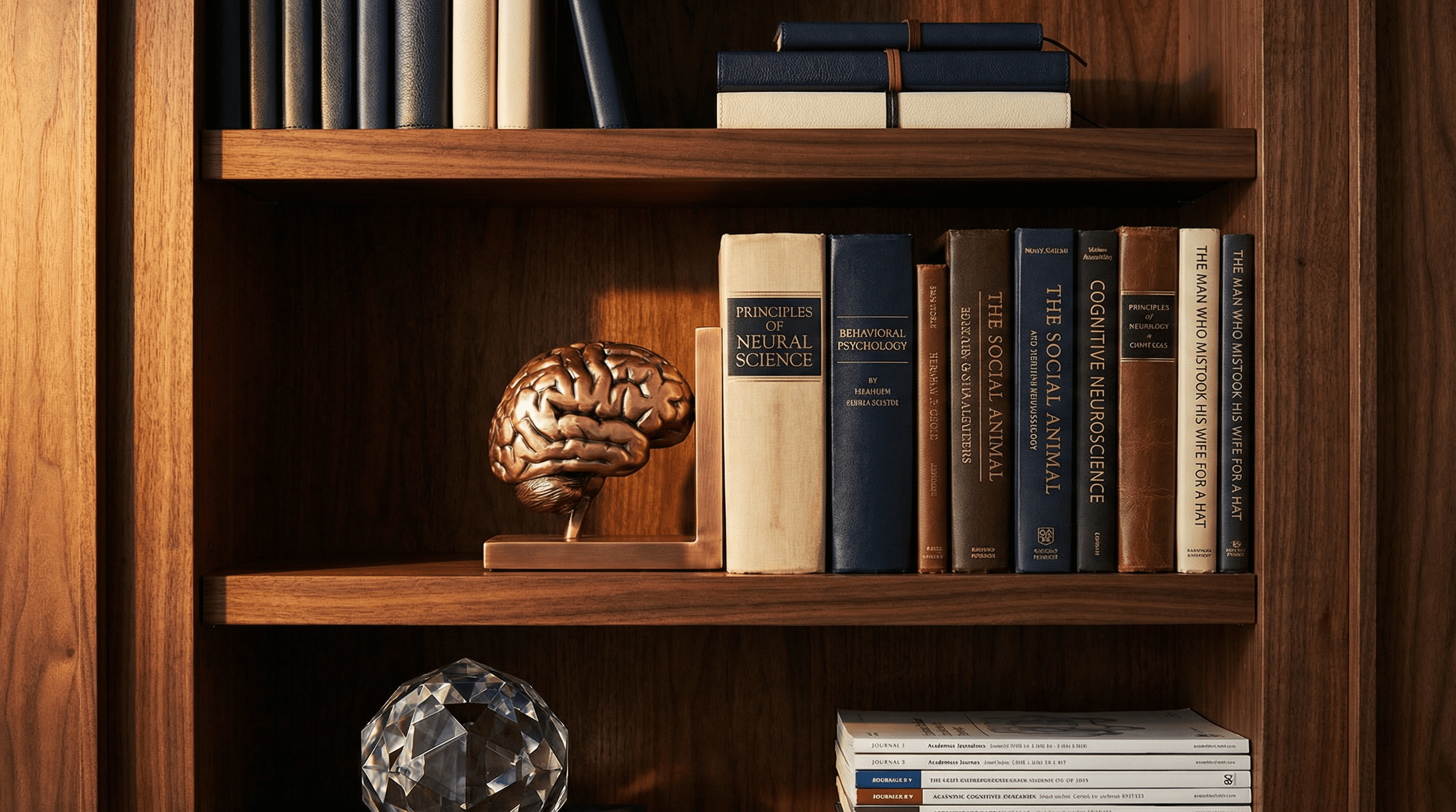 Neuroscience research and cognitive behavioral expertise — walnut bookcase with psychology texts and copper brain model
