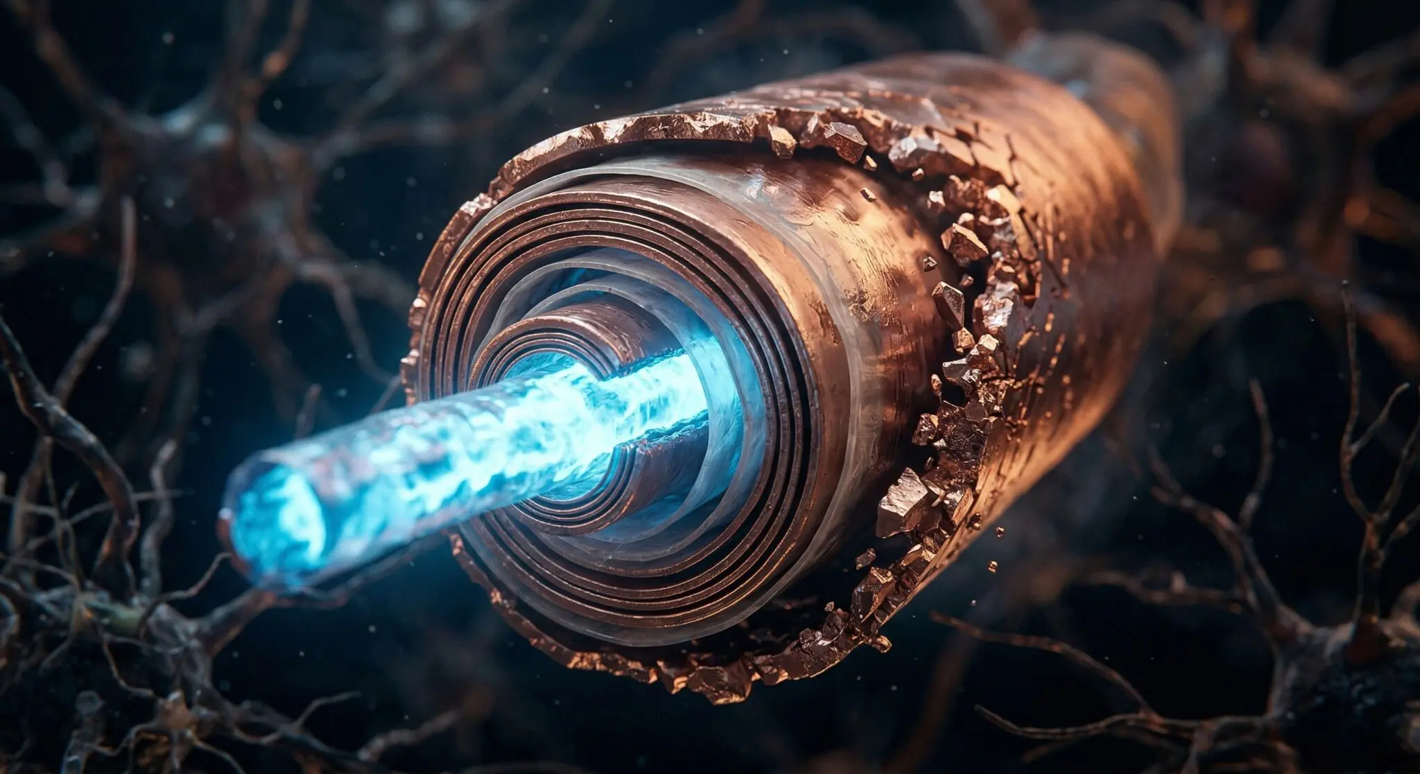 Macro cross-section of neural pathway with copper sheathing forming around blue signal core depicting active brain optimization