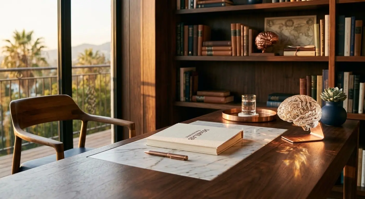 Walnut desk with marble inlay crystal brain sculpture and MindLAB journal in warm California afternoon light in Beverly Hills private study