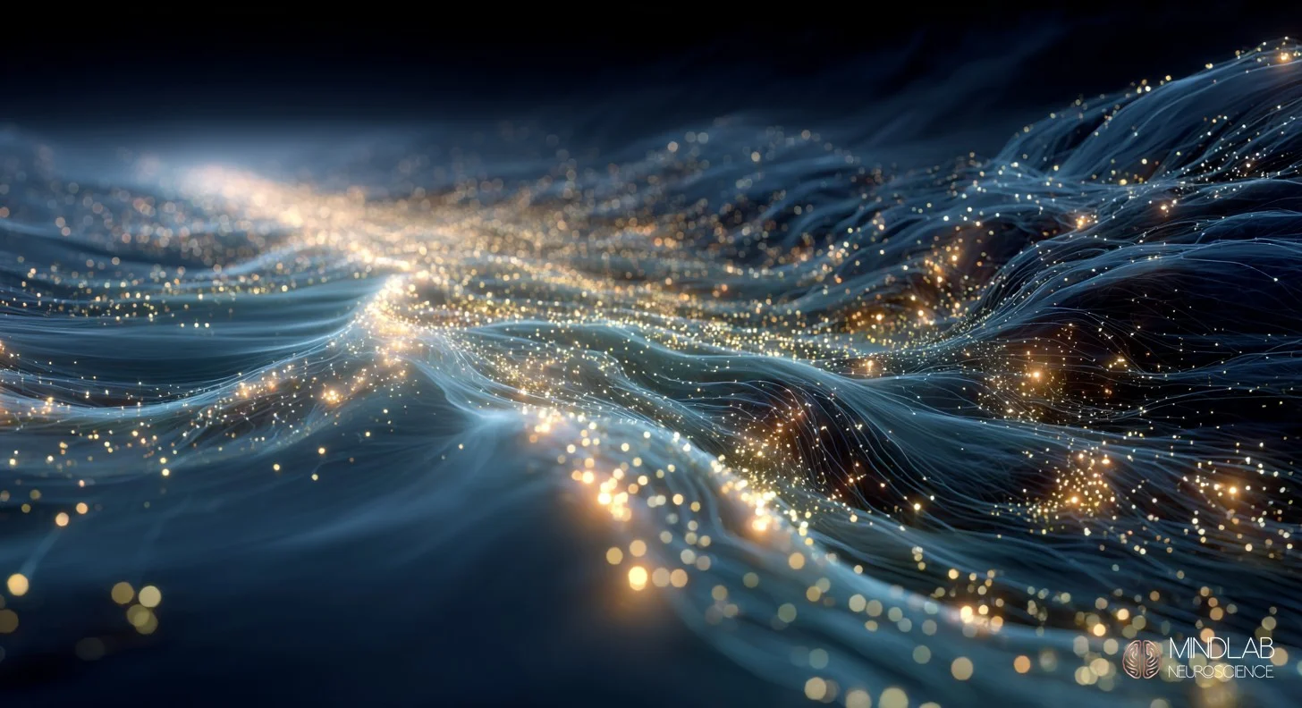 Reward pathway with progressively dimming receivers illustrating hedonic adaptation and motivation loss. MindLab Neuroscience.