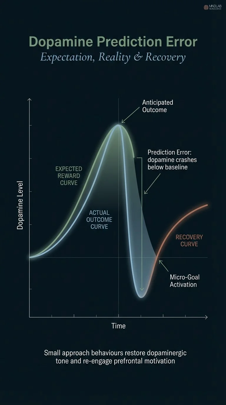 Infographic showing dopamine prediction error curve with expectation, disappointment crash, and behavioral recovery arc