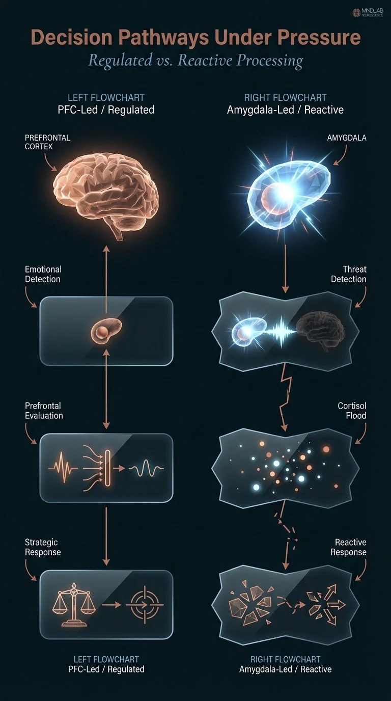 Infographic comparing regulated PFC-led versus reactive amygdala-led decision pathways under emotional pressure