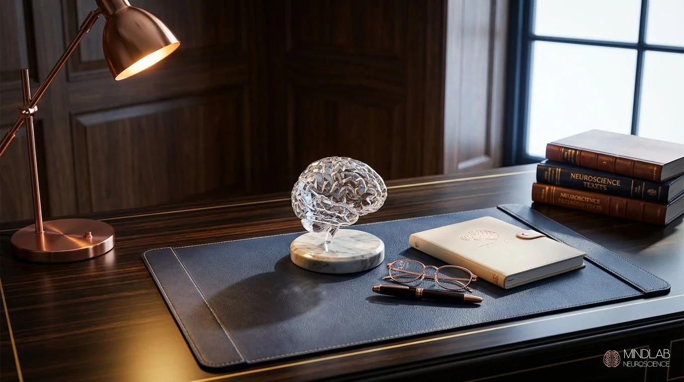 Luxury private study workspace with crystal brain sculpture reflecting emotional intelligence and self-regulation practice