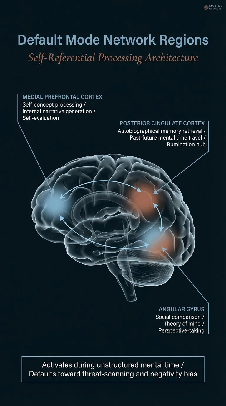 Infographic showing default mode network brain regions and functions during negative self-referential thought