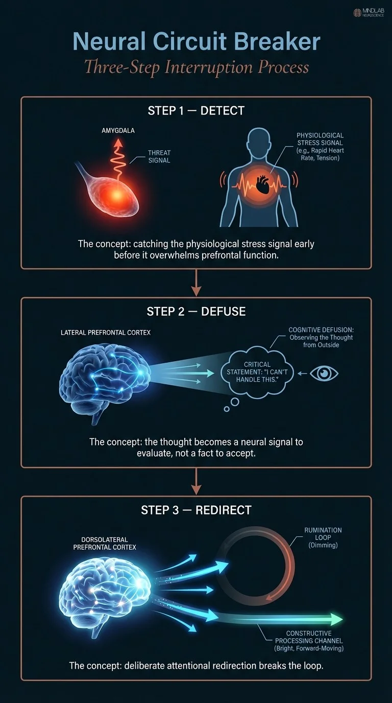 Infographic showing three-step neural circuit breaker process for interrupting negative self-talk: detect, defuse, redirect