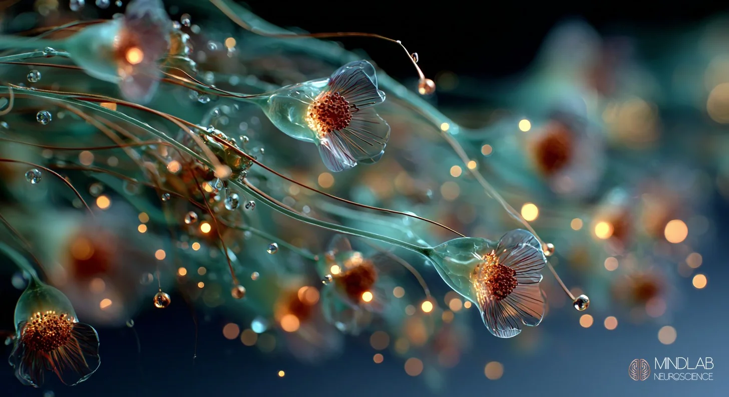 Recursive neural thought loop network with sage metallic filaments showing overactive thought pattern circuitry. Dr. Sydney Ceruto, MindLab Neuroscience.