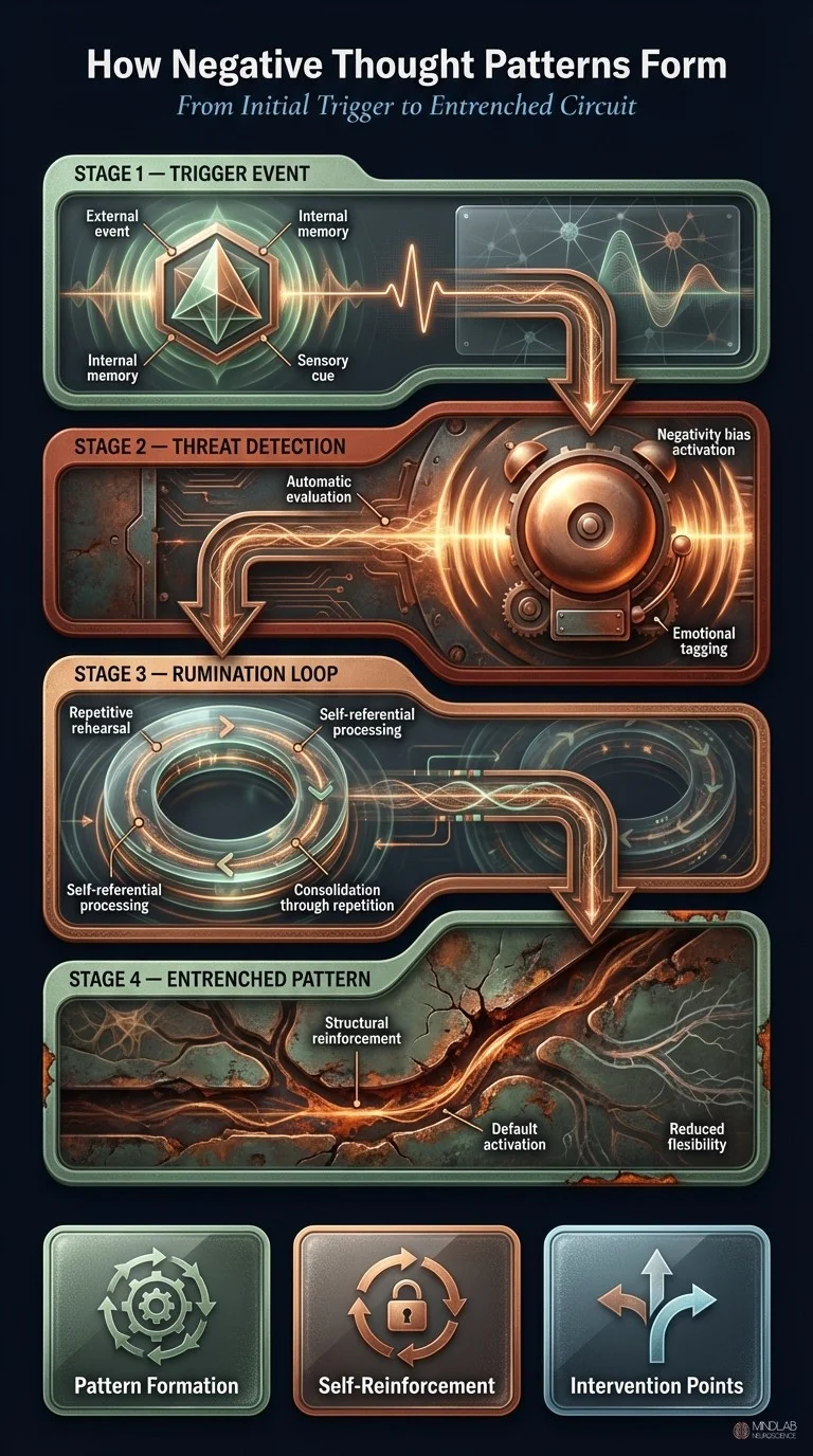 Infographic showing four stages of negative thought pattern formation from trigger to entrenched circuit. Dr. Sydney Ceruto, MindLab Neuroscience.