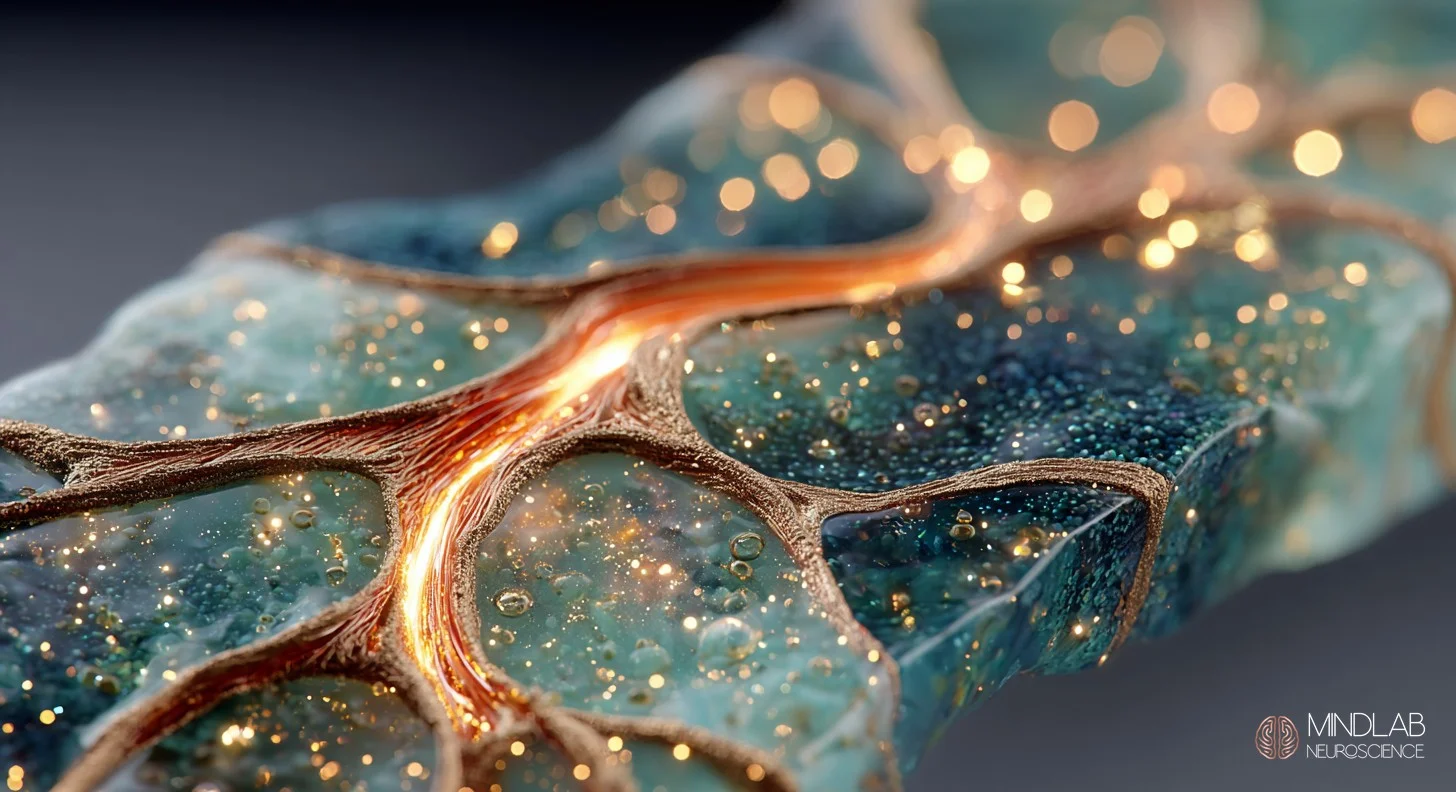 Neural thought pathway redirection with fresh sage-green branch emerging from worn copper groove. Dr. Sydney Ceruto, MindLab Neuroscience.