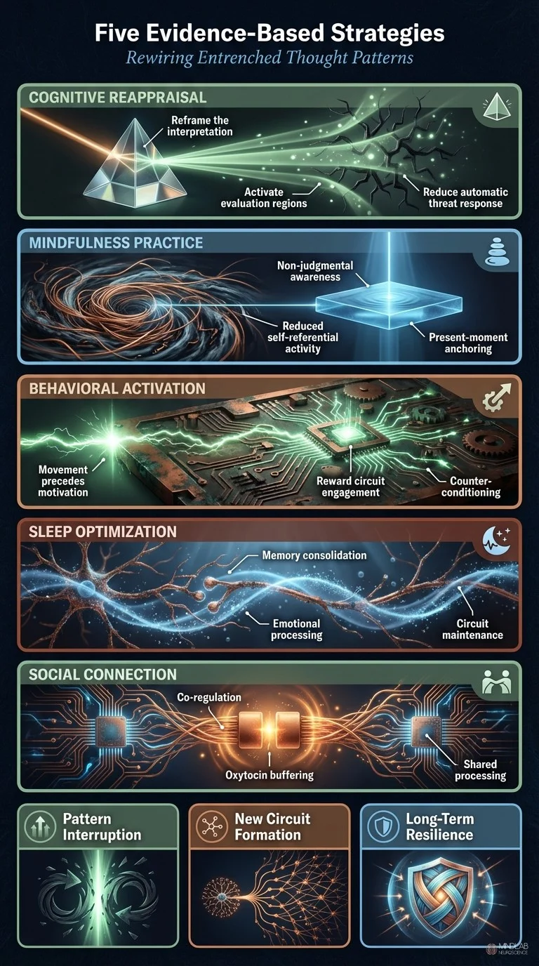 Infographic of five evidence-based strategies for rewiring negative thought patterns with unique visual metaphors. Dr. Sydney Ceruto, MindLab Neuroscience.