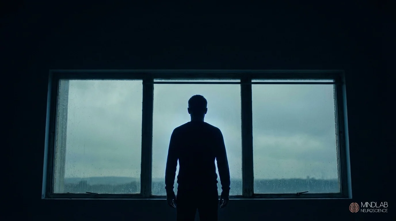 Contemplative silhouette figure at window with steel-blue rim light conveying resolution after overcoming negative thought patterns. Dr. Sydney Ceruto, MindLab Neuroscience.