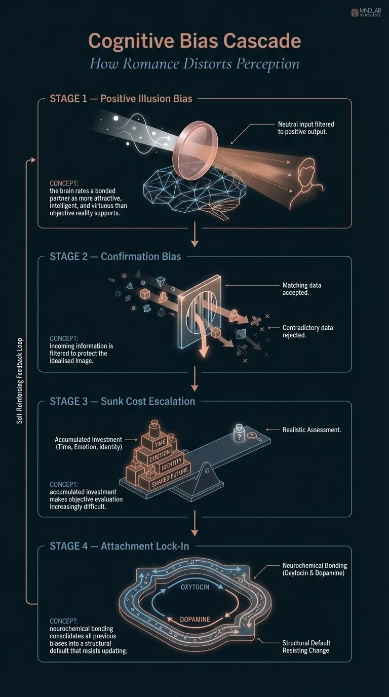 Infographic of cognitive bias cascade in romance from positive illusion through confirmation bias to lock-in