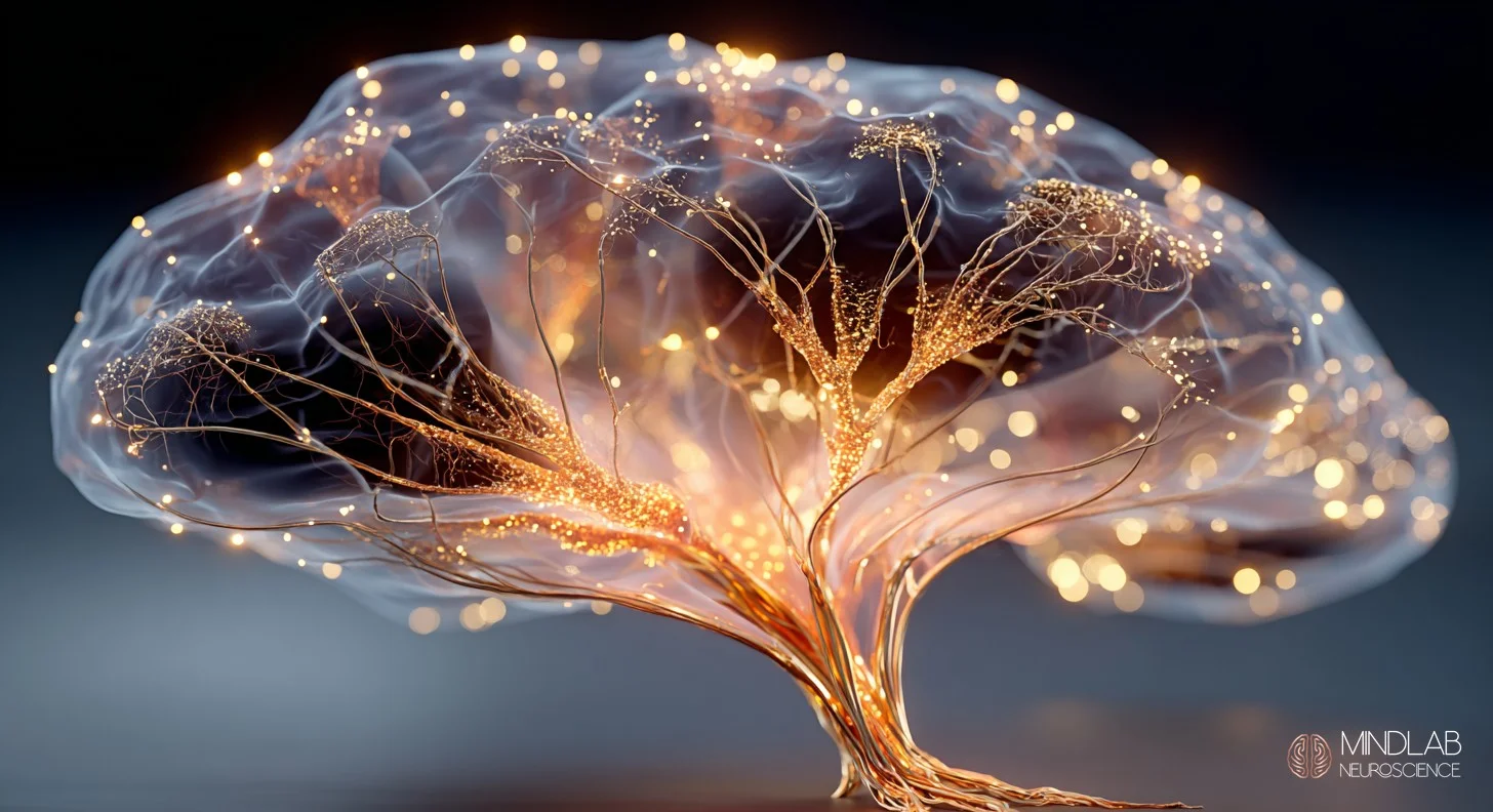 Brain chemicals during sex depicted as luminous rose-gold neural cross-section with glowing reward pathways. MindLab Neuroscience.