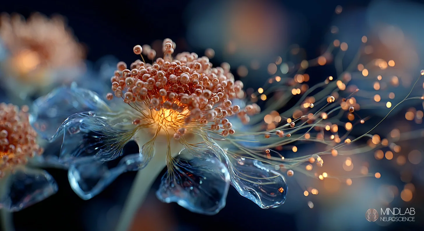 Synaptic junction releasing bonding vesicles in rose-gold depicting post-intimacy consolidation. MindLab Neuroscience.