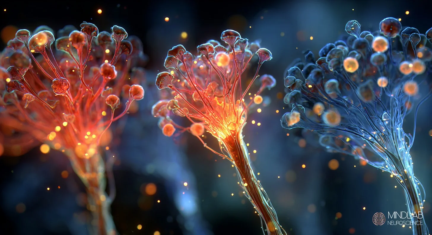 Dendritic spine growth along neural pathway depicting cumulative brain changes from repeated intimacy. MindLab Neuroscience.