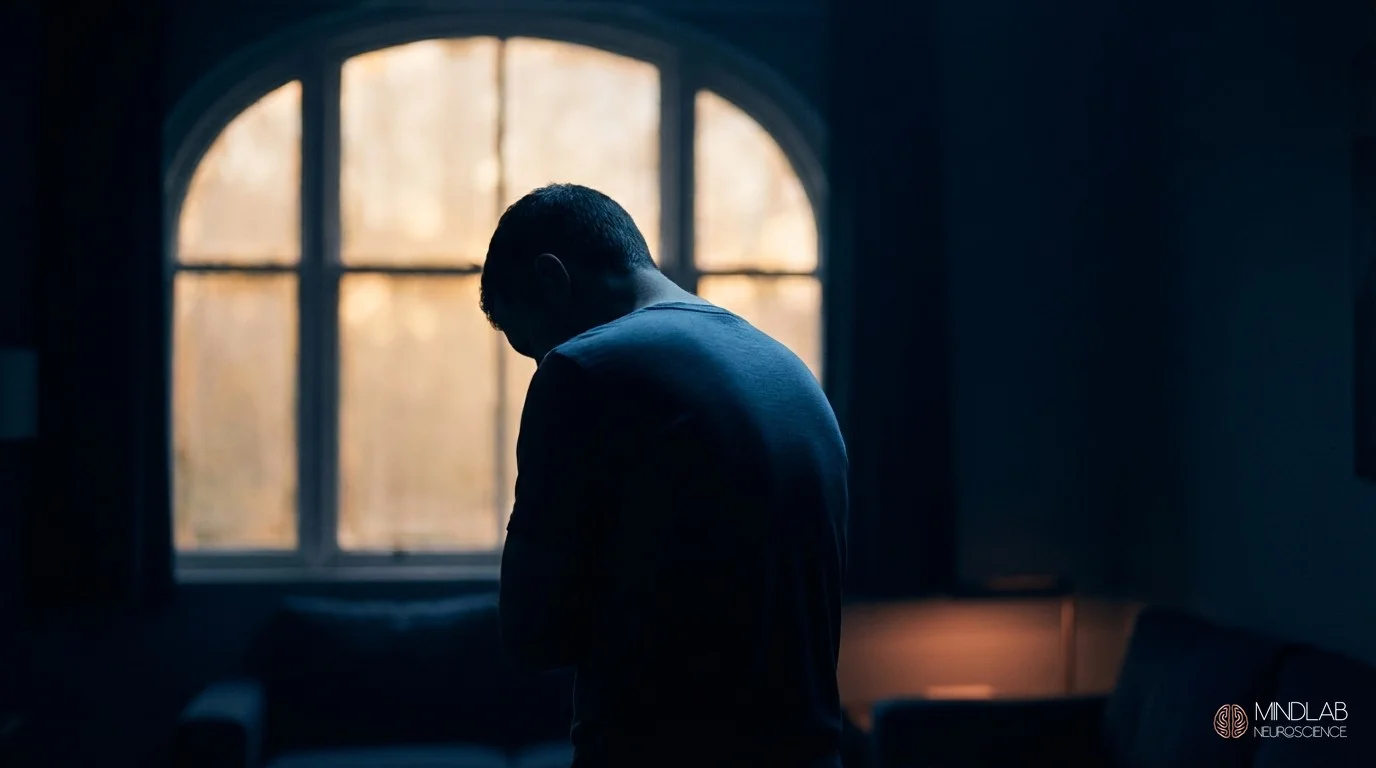 Contemplative silhouette at window with steel-blue rim light, intimate neurochemical patterns. MindLab Neuroscience.