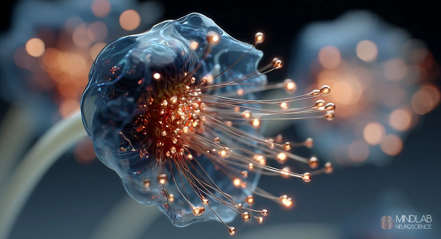 New neural cell emerging from stem structure with steel-blue metallic surfaces showing neurogenesis birth process. Dr. Sydney Ceruto, MindLab Neuroscience.