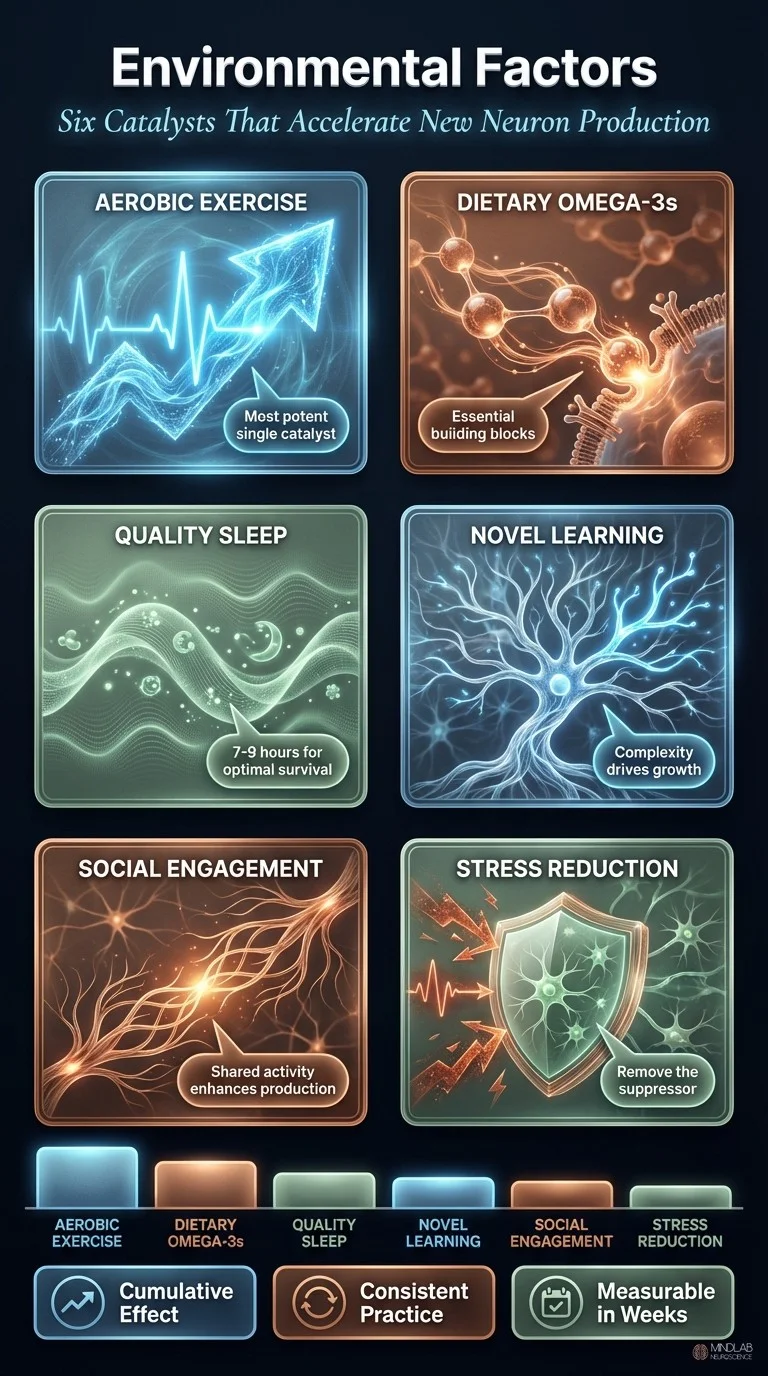 Infographic of six environmental catalysts accelerating neurogenesis including exercise, diet, sleep, learning, social, and stress factors. Dr. Sydney Ceruto, MindLab Neuroscience.