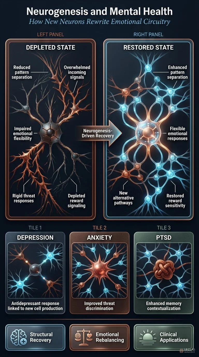 Infographic comparing depleted versus restored emotional circuitry through neurogenesis-driven recovery. Dr. Sydney Ceruto, MindLab Neuroscience.