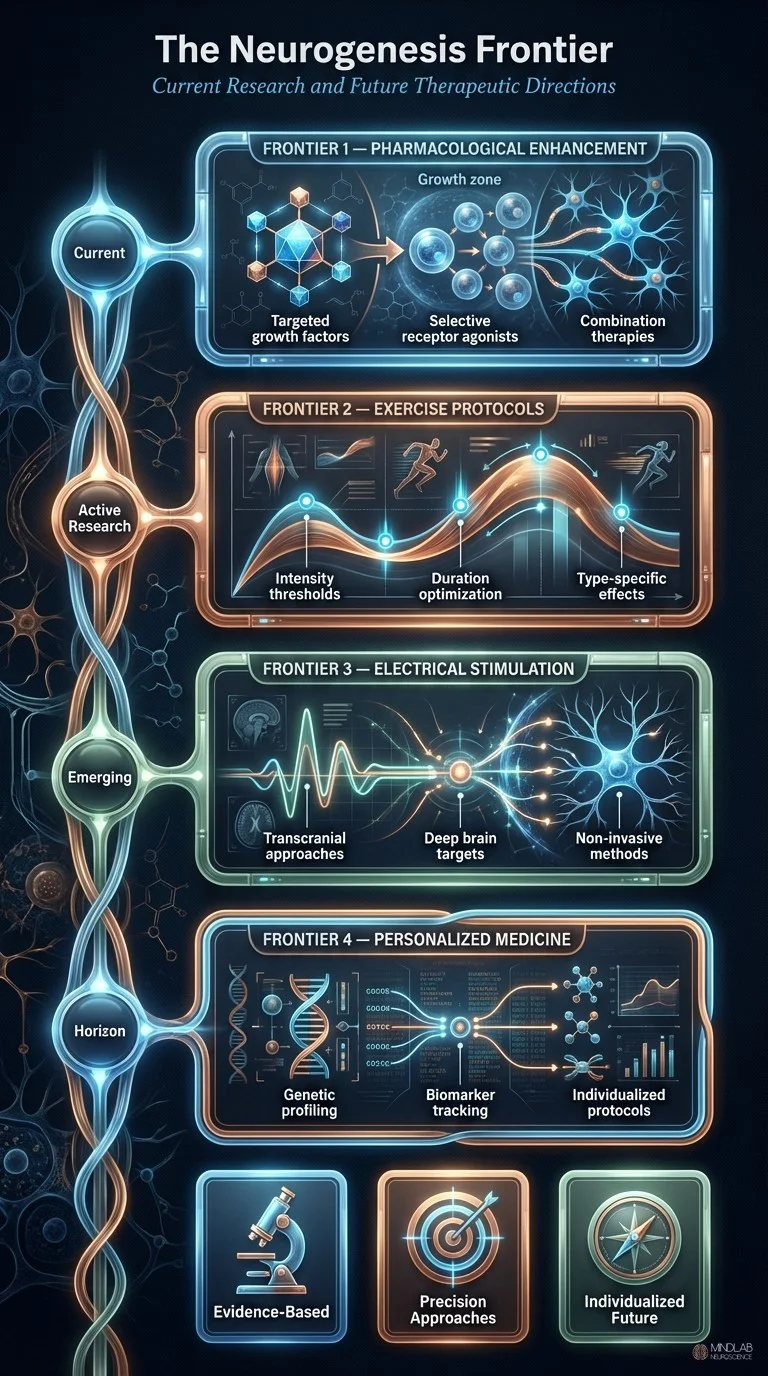 Infographic timeline of neurogenesis research frontiers from pharmacological to personalized medicine approaches. Dr. Sydney Ceruto, MindLab Neuroscience.