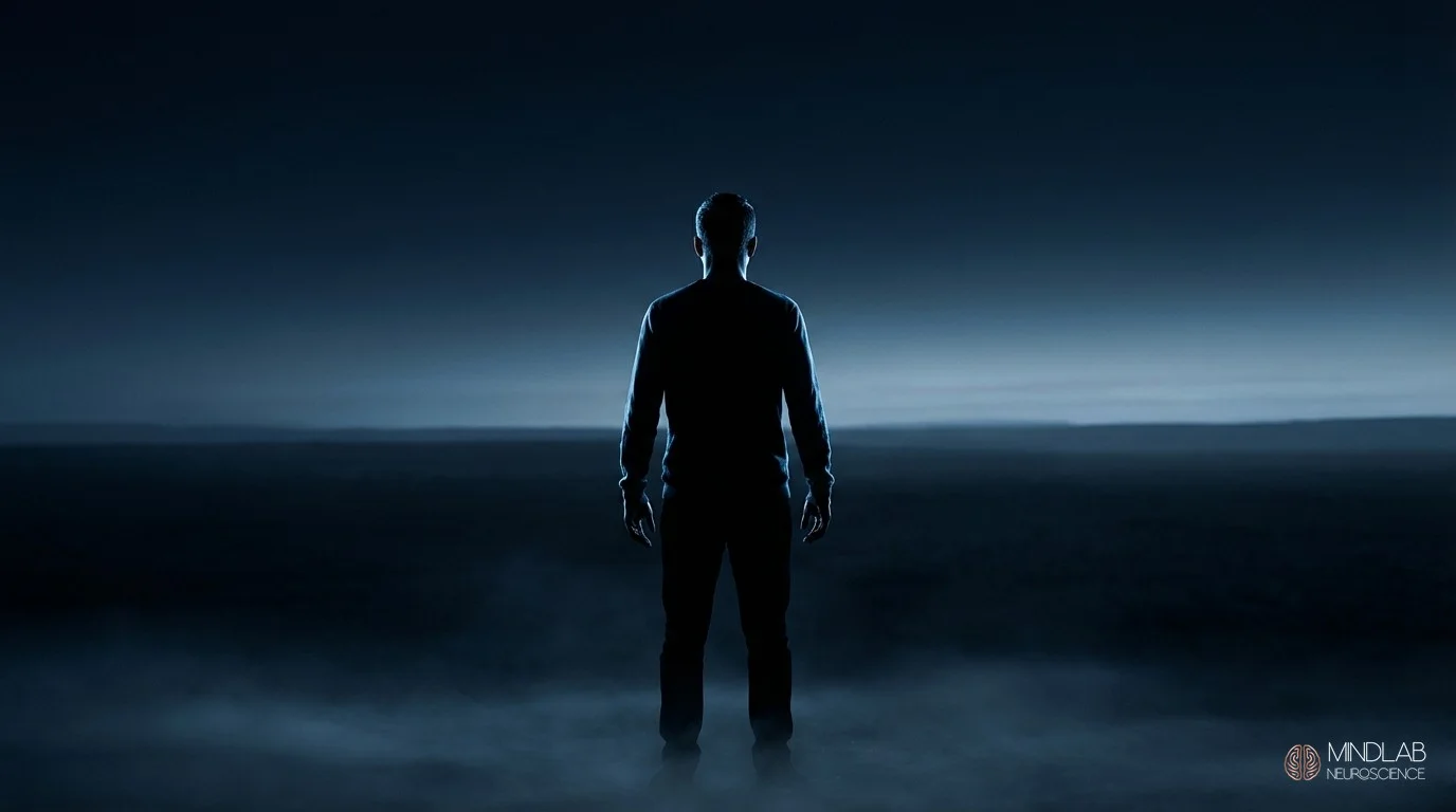 Forward-looking silhouette figure at horizon with steel-blue rim light conveying neural renewal readiness. Dr. Sydney Ceruto, MindLab Neuroscience.