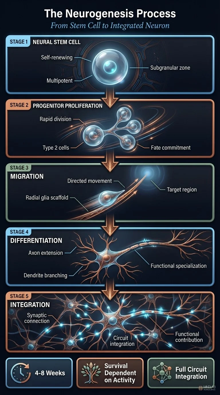 Infographic showing five stages of neurogenesis from stem cell to integrated neuron with detailed process visualization. Dr. Sydney Ceruto, MindLab Neuroscience.