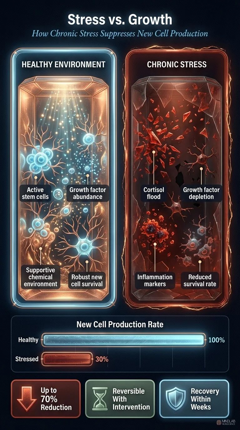 Infographic comparing healthy neurogenesis environment versus chronic stress suppression of new cell production. Dr. Sydney Ceruto, MindLab Neuroscience.