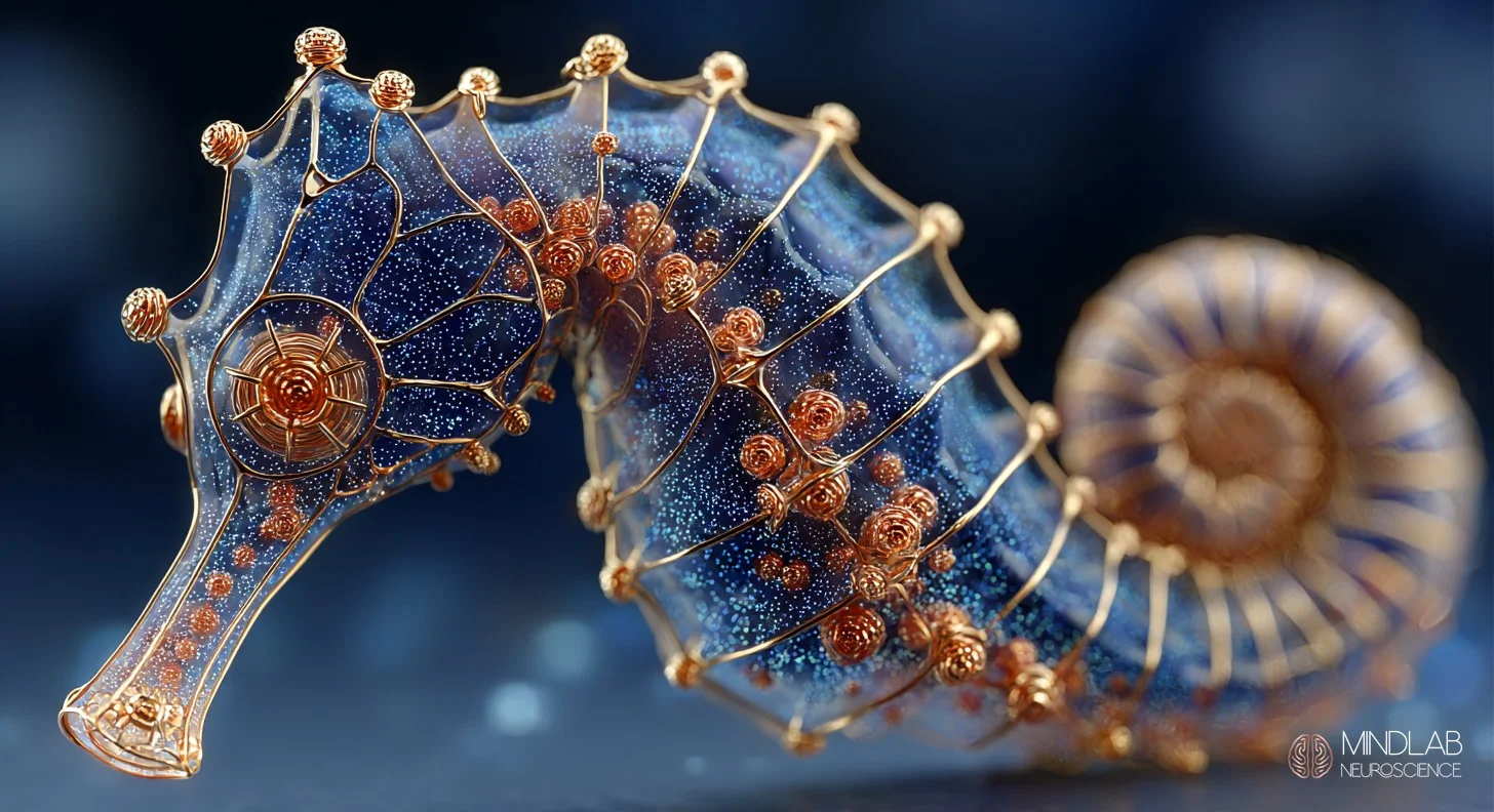 Seahorse-shaped neural chamber cross-section showing growth zone with stem cell niches and vascular network. Dr. Sydney Ceruto, MindLab Neuroscience.