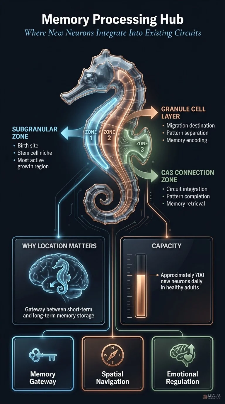 Infographic showing hippocampus memory processing hub with three functional zones where new neurons integrate. Dr. Sydney Ceruto, MindLab Neuroscience.