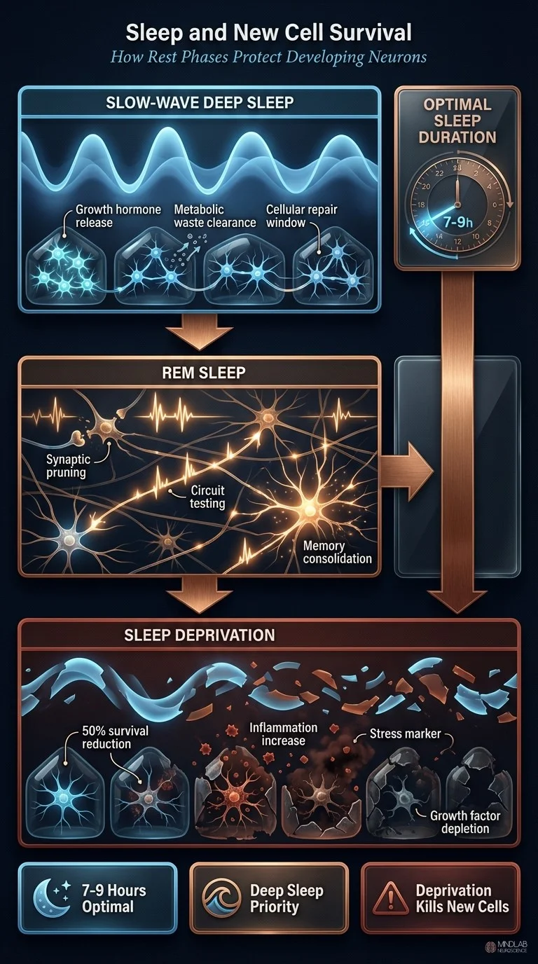 Infographic showing how deep sleep and REM phases protect developing neurons versus sleep deprivation damage. Dr. Sydney Ceruto, MindLab Neuroscience.