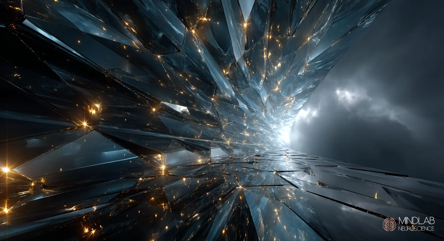 Crystalline neural gateway with diverging signal pathways representing personal transformation and neural recalibration