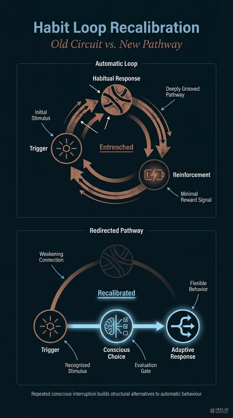 Infographic comparing entrenched automatic habit loop with consciously recalibrated neural pathway during personal transformation