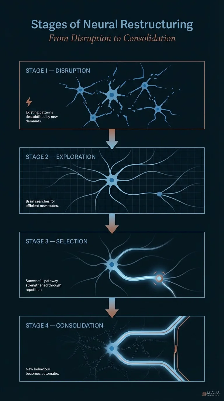 Infographic showing four stages of neural restructuring from disruption through exploration and selection to consolidation