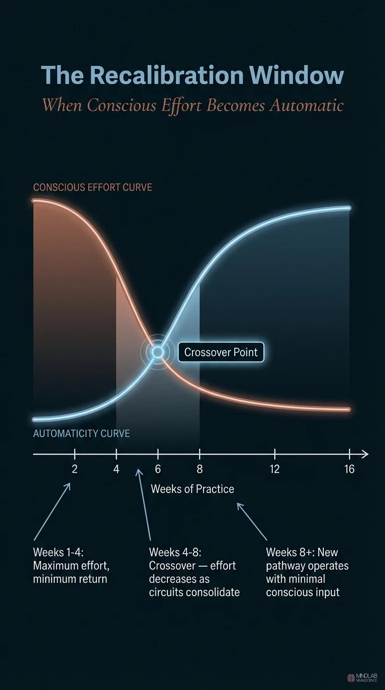 Infographic showing the recalibration window where conscious effort transitions to automatic behaviour over weeks of practice