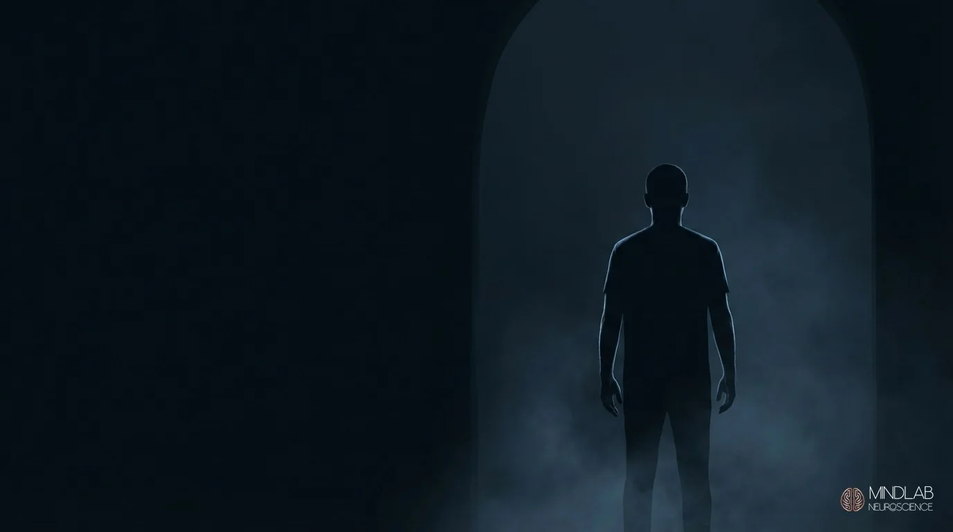 Contemplative silhouette standing at threshold between old patterns and new possibilities with steel-blue rim light